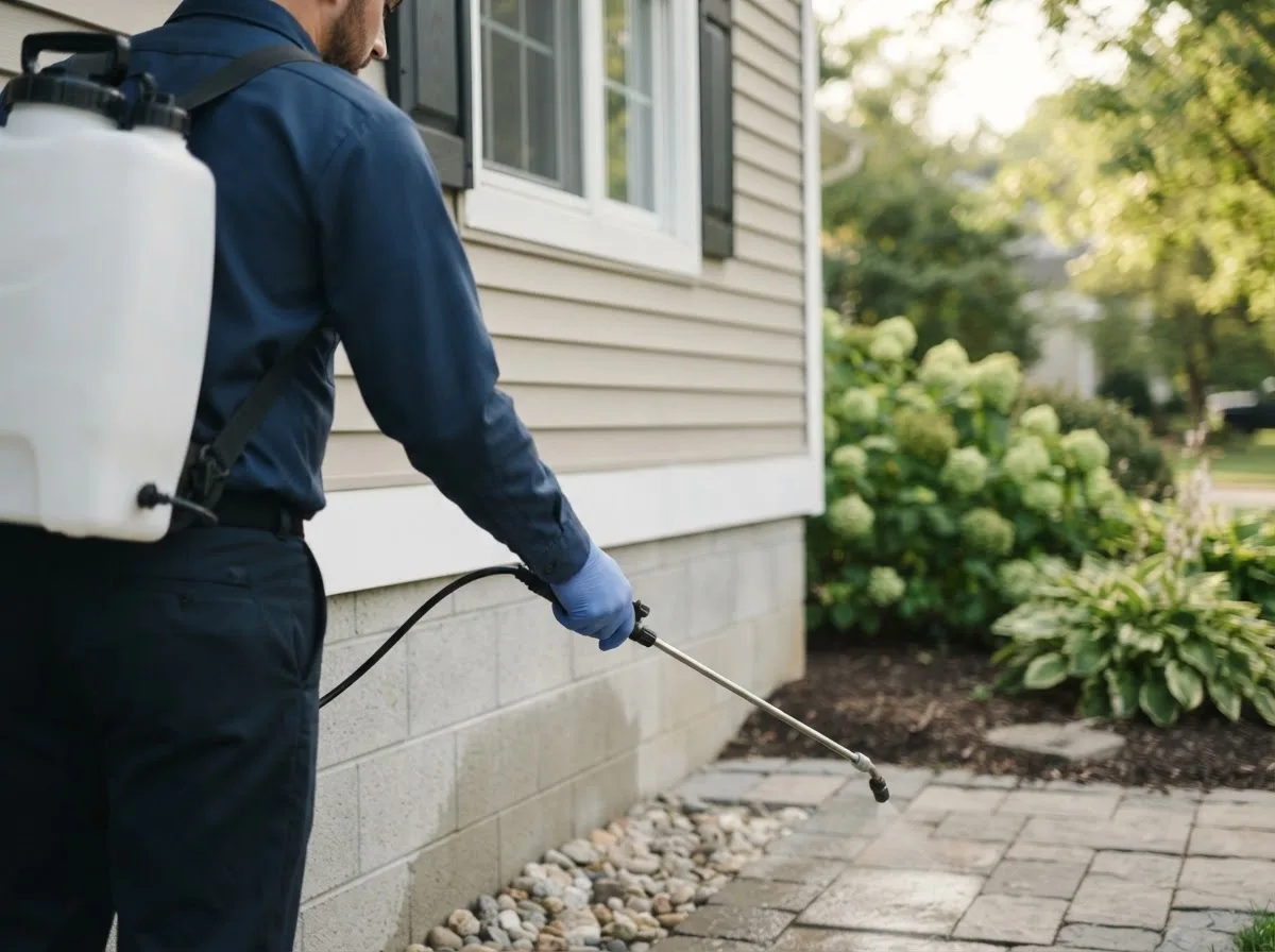 Pest control technician inspecting a home in Frenchboro, ME